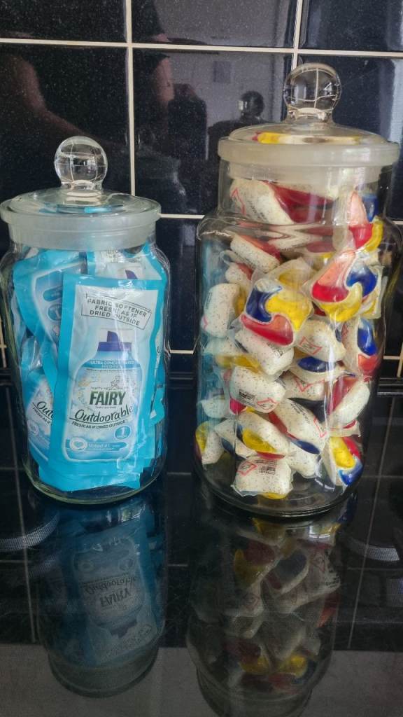 Glass storage Mrs Hinch style Laundry cleaning bits food display etc £5 jars canisters