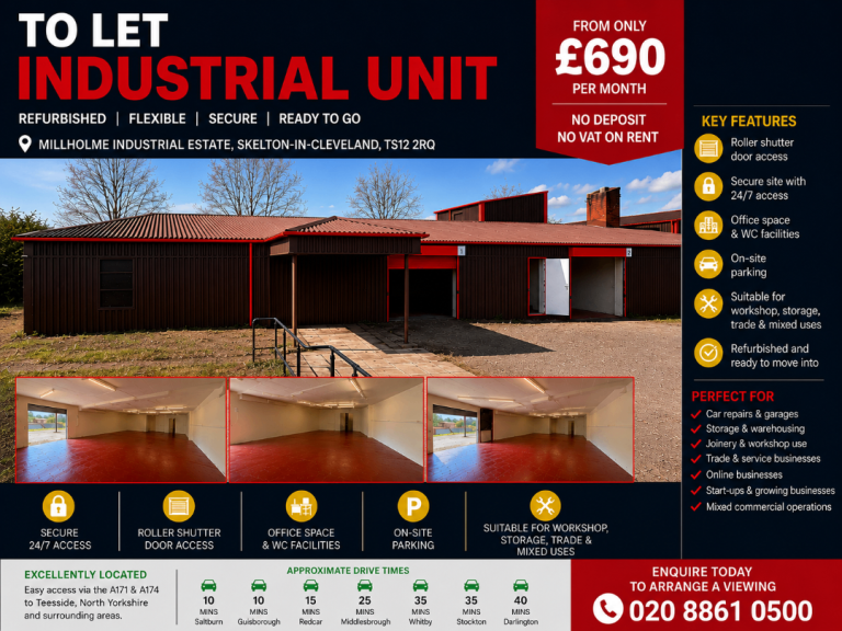 Workshop to let from £690pcm. No deposit. Just 15 mins from Redcar. Available now.