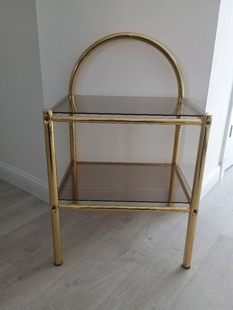 1 x Vintage retro mid century style 1970s brass metal & smoked glass bedside table