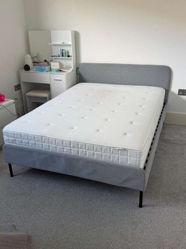 SLATTUM Upholstered bed frame + Hyllestad Pocket Sprung Mattress
