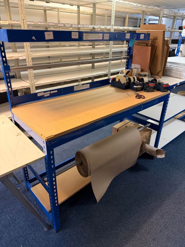 2 x Sturdy Blue Metal Packing Bench / Workstation