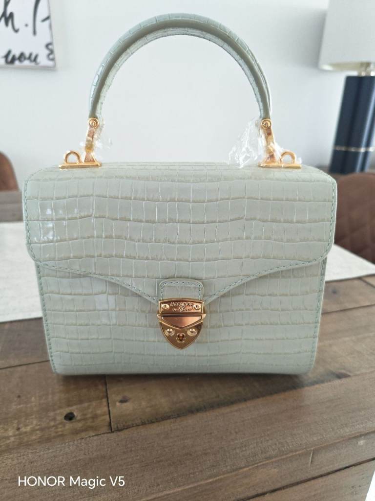 Aspinal of London Light Green Croc Embossed Leather top Midi Handbag