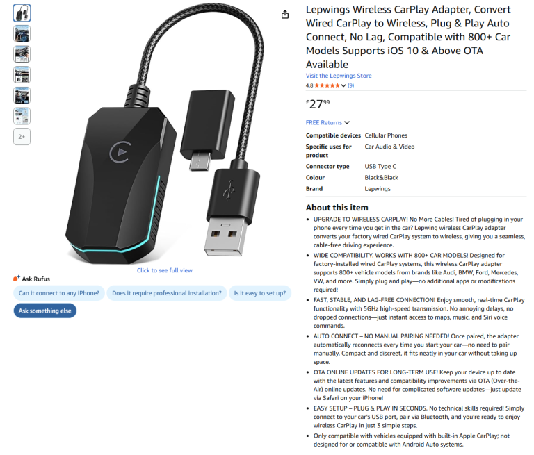 Wireless CarPlay Adapter, Auto Connect, Supports iOS 10+|| Brand new 50% off price 