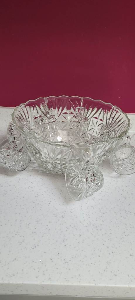 Glass Punch Bowl Set with Cups – Good Condition