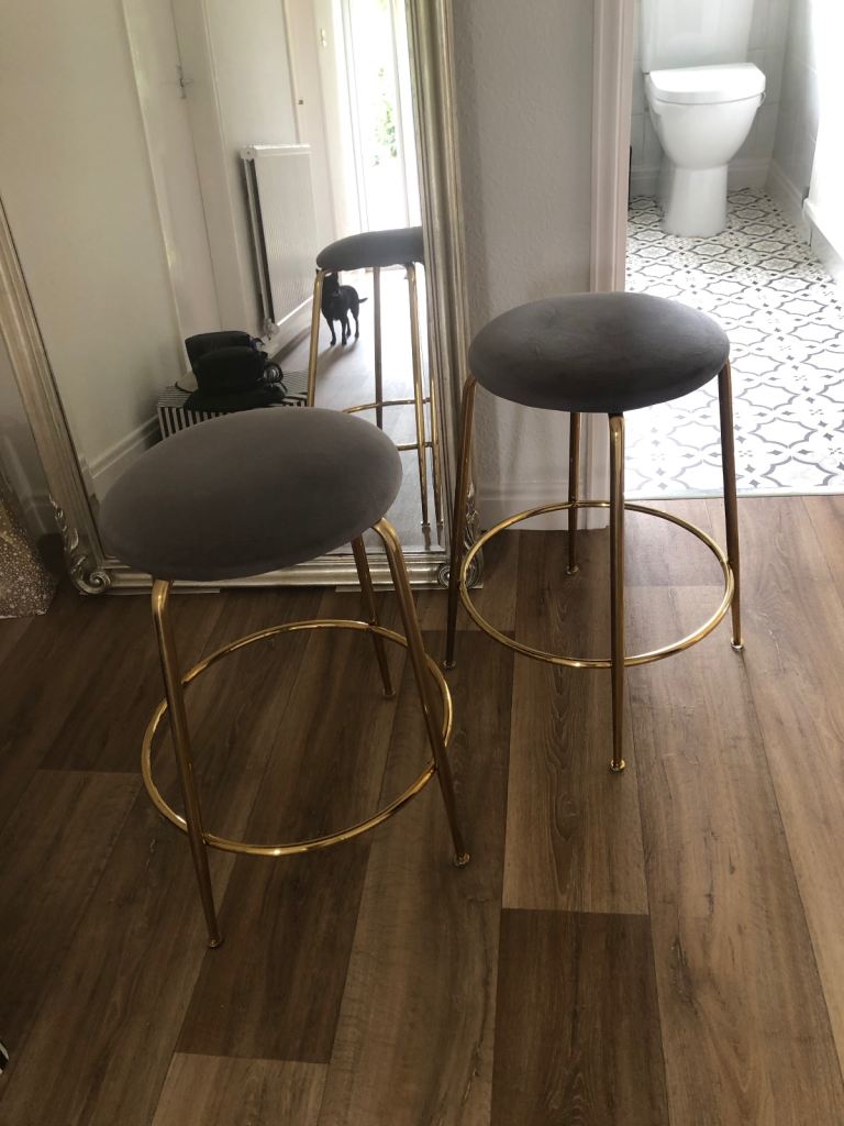 Two Grey Bar Stools with Gold Legs – Good Condition