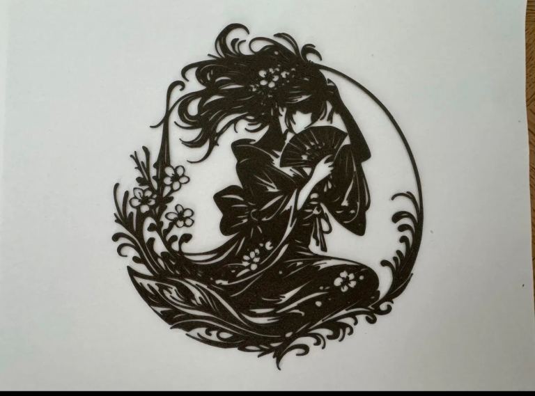 Black Geisha Girl Silhouette Art Print with Fan – Almost New