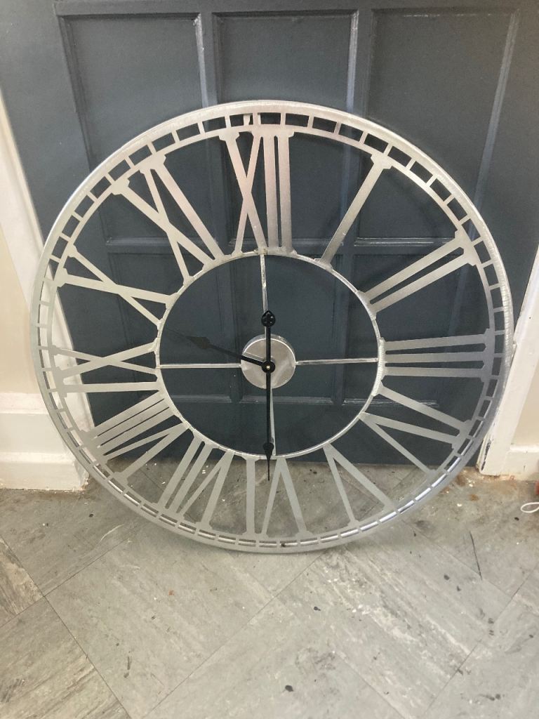 Large Silver Metal Wall Clock with Roman Numerals