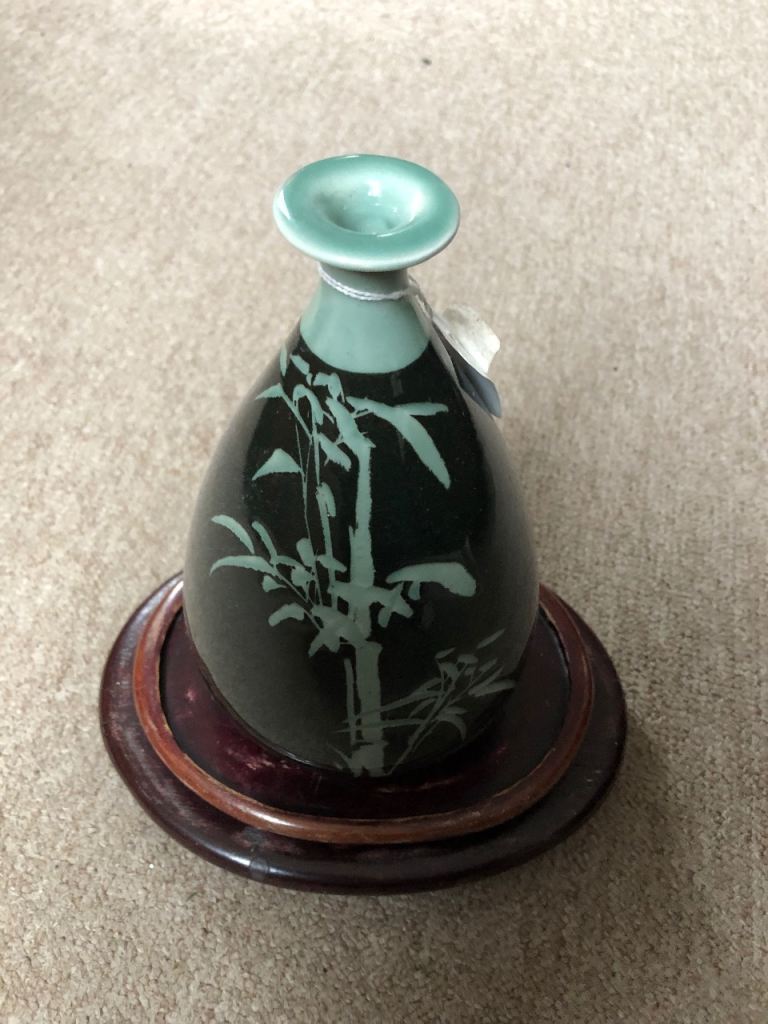 Antique Japanese Ceramic Bamboo Vase with Wooden Stand