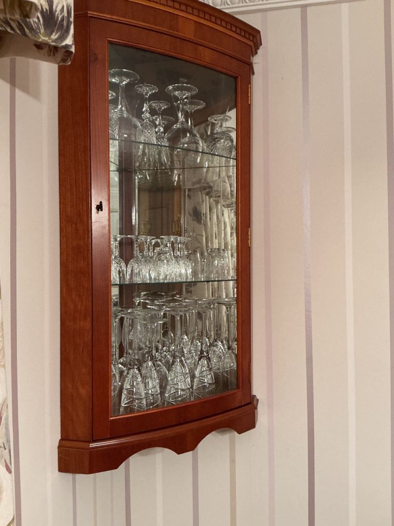 Yew wall hung corner display cabinet