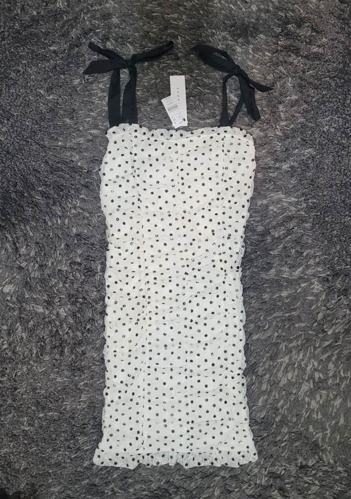New Topshop white lace black polkadot mini dress size 8