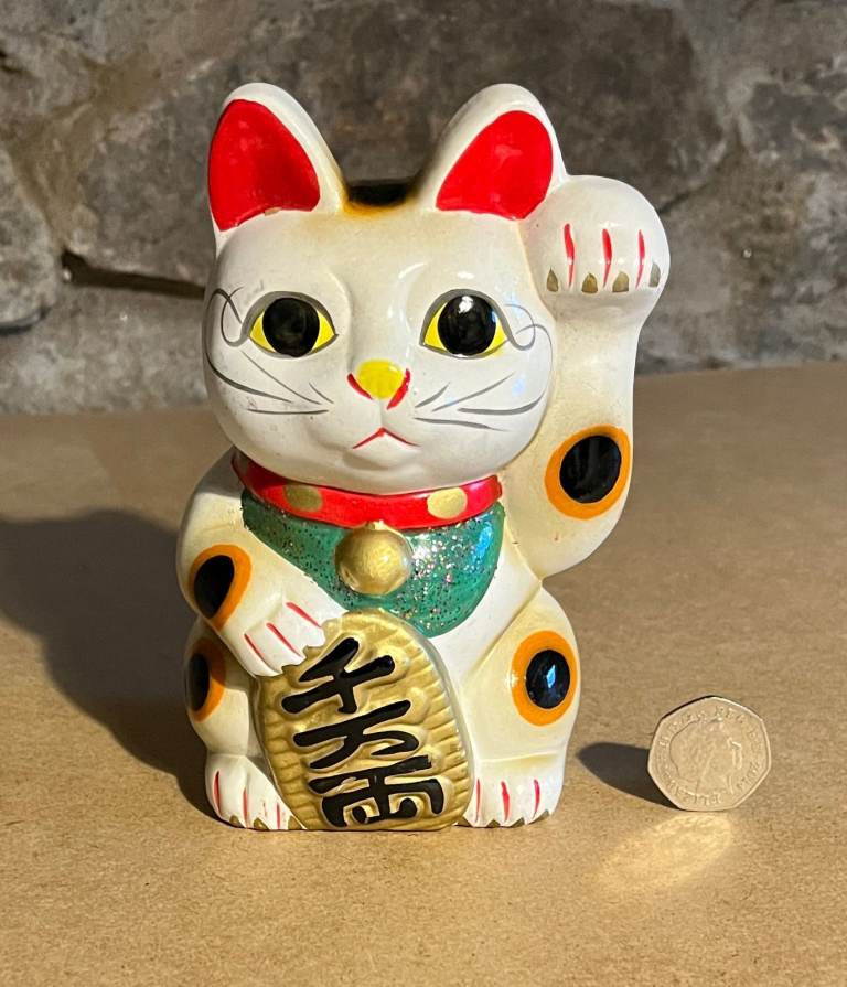 image for Old money box - Maneki Neko- Hand-Painted Fortune Cat-Luck & Good Relationships, Feng Shui