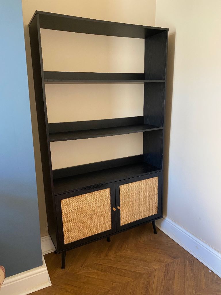 Black rattan bookcase storage shelving - alcove cupboard (1 of 2 available!)