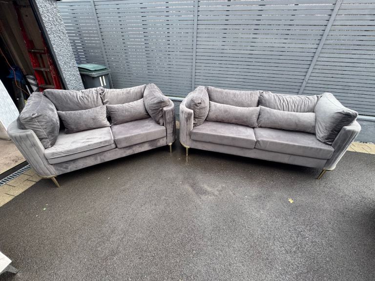 Grey Velvet Sofa Set – 2 Seater + 3 Seater  DELIVERY AVAILABLE