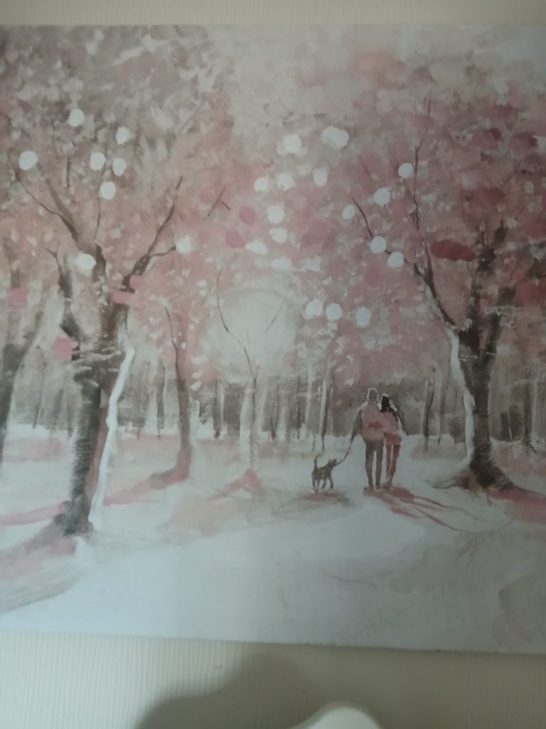 Lovely Pink Tree Path Painting with Couple and Dog