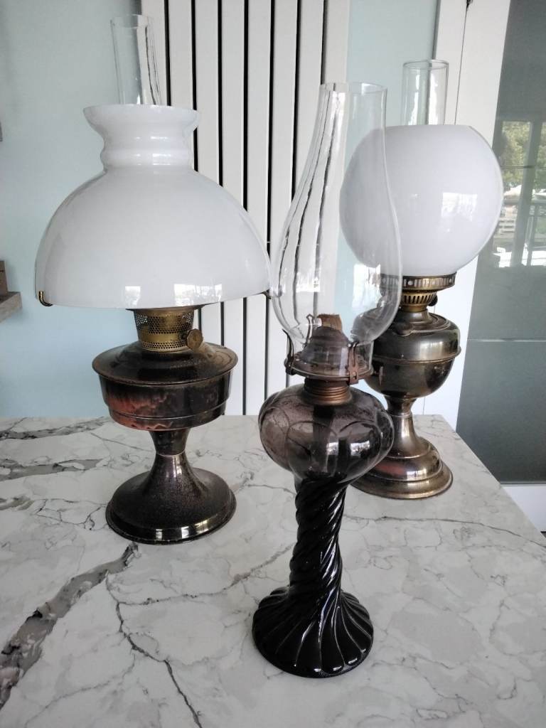 VINTAGE OIL LAMPS WITH ORIGINAL GLASS SHADES