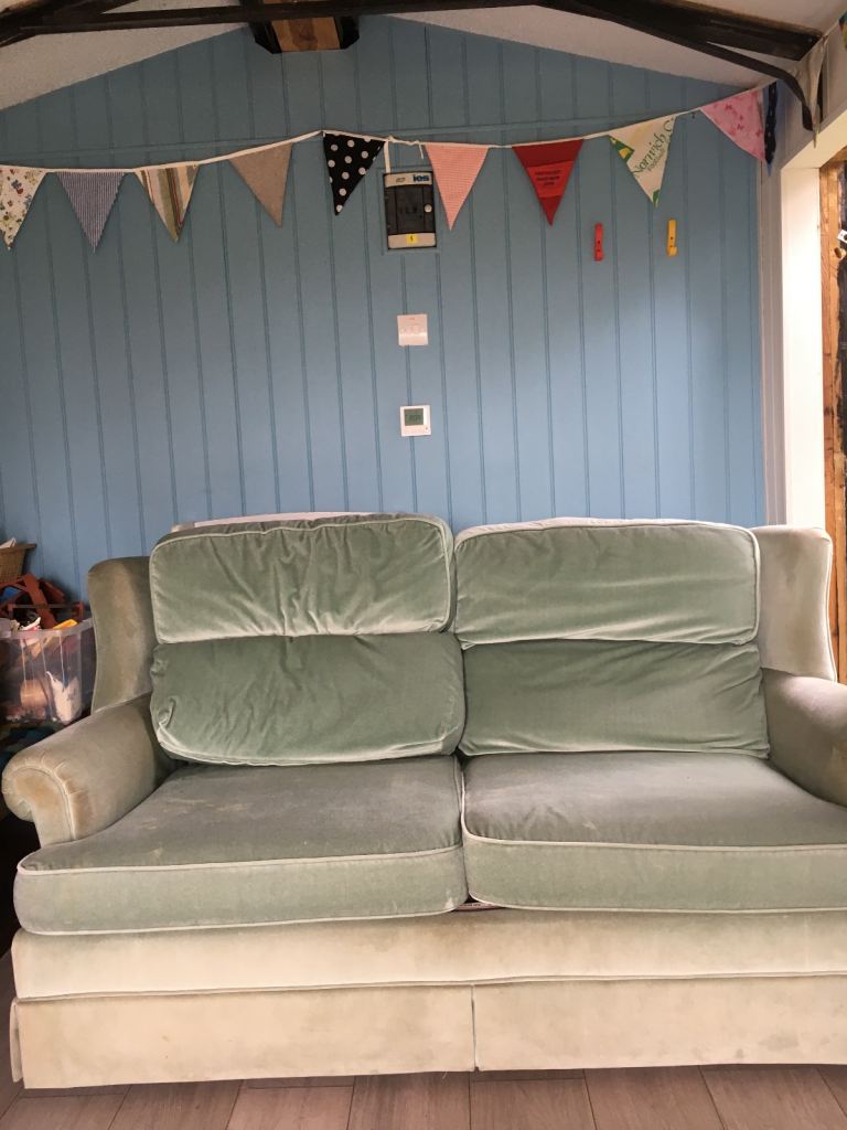 Pale green velvet Marks and Spencer double sofa bed. 