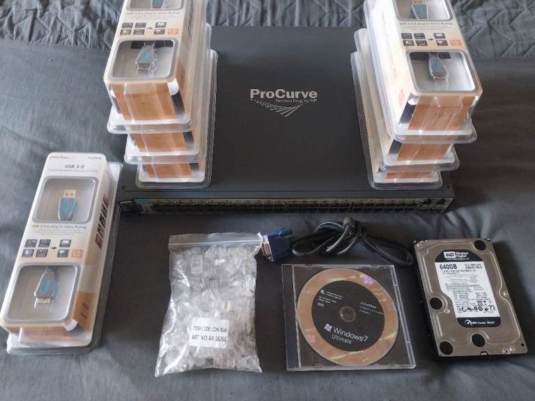Joblot Computer Accessories, HP POE Switch, 7x USB3.0 External Drive Cables & More