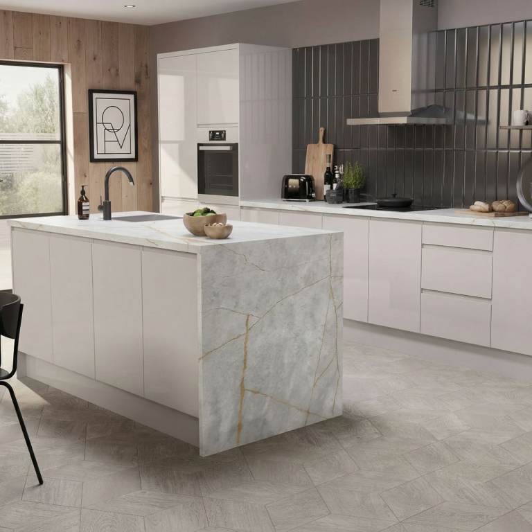 Luxury Laminate Wrens Light Grey & Gold Onyx Luxury Laminate Brand New Kitchen Worktops from Wrens.