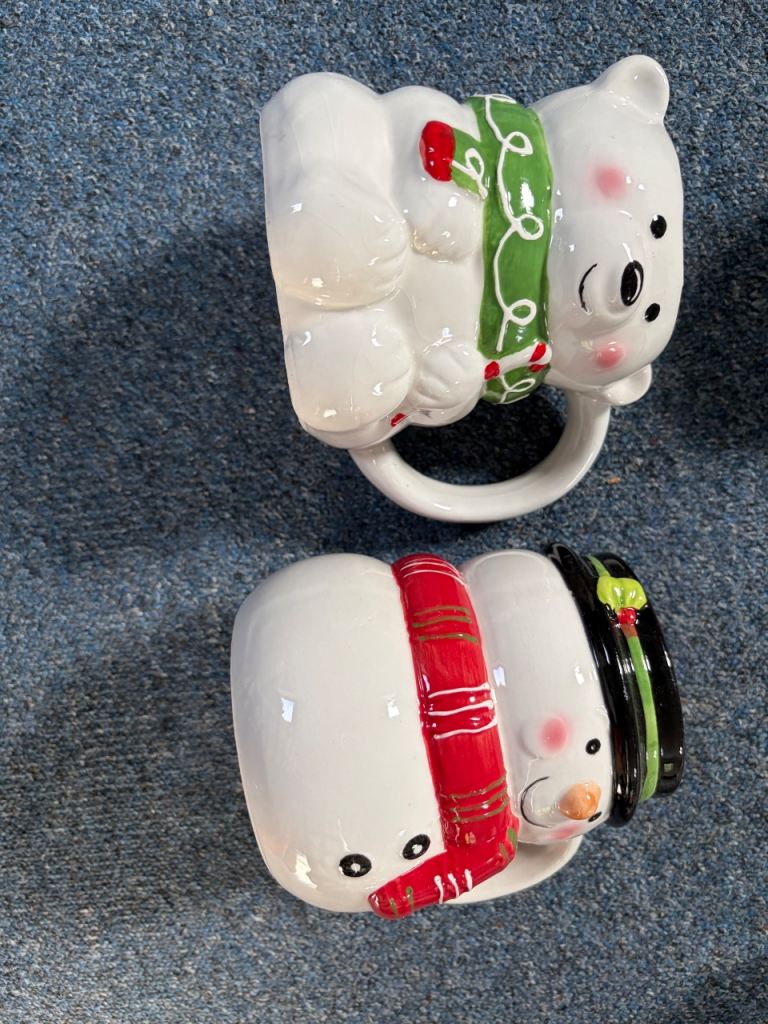 2 Christmas Themed Ceramic Mugs - Polar Bear & Snowman, As Good As New