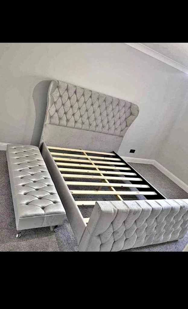 Grey Velvet Double Bed Frame with Ottoman – As New