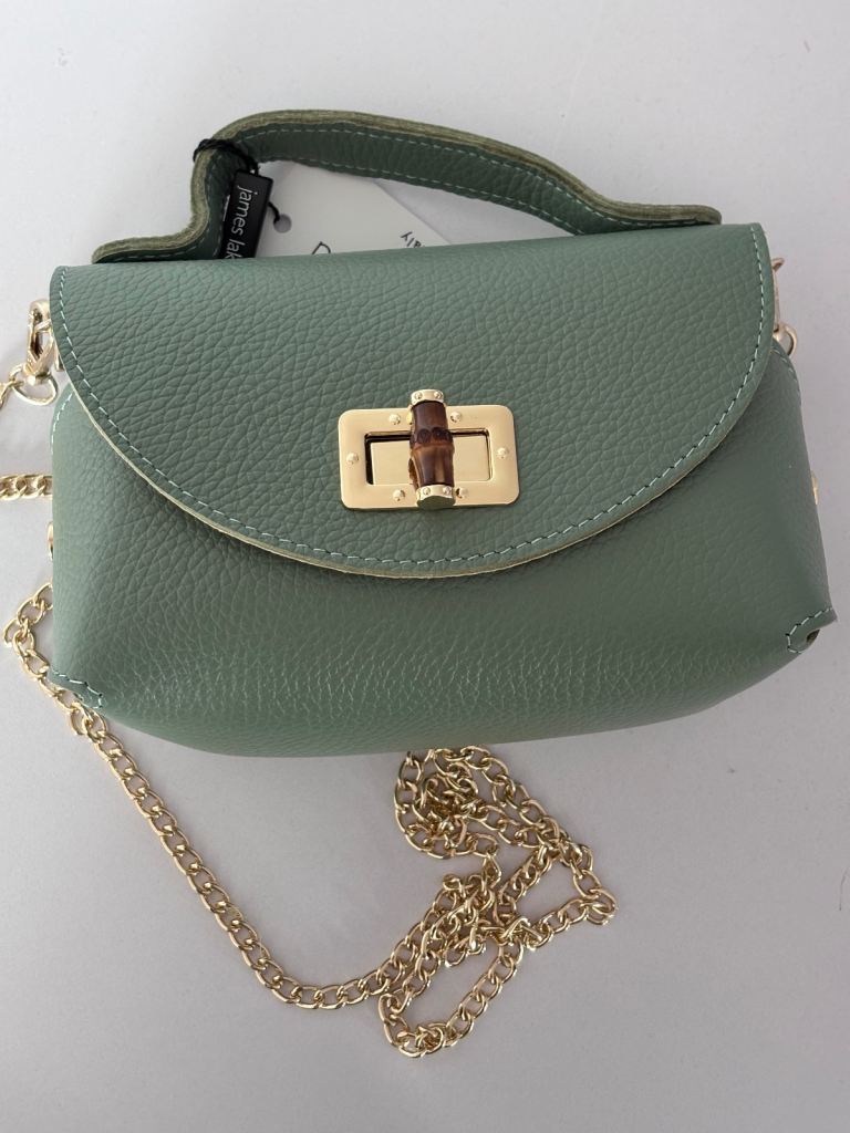 Sage Green Leather Crossbody Bag with Chain Strap