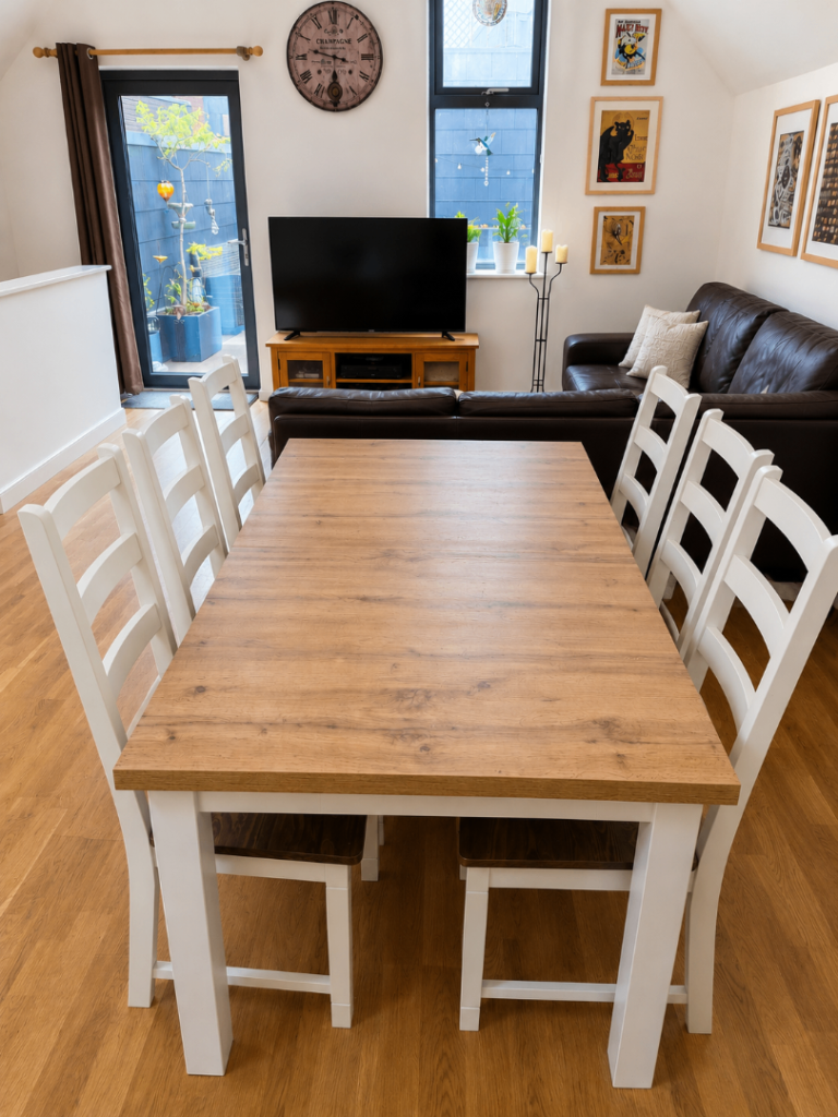 Extending dining table and 6 chairs