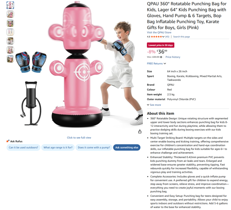 Lager 64” Kids Punching Bag with Gloves, Hand Pump & 6 Targets - Unopened at half price