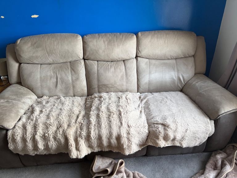 3 Seater Reclining Sofa – Beige Fabric, Fair Condition