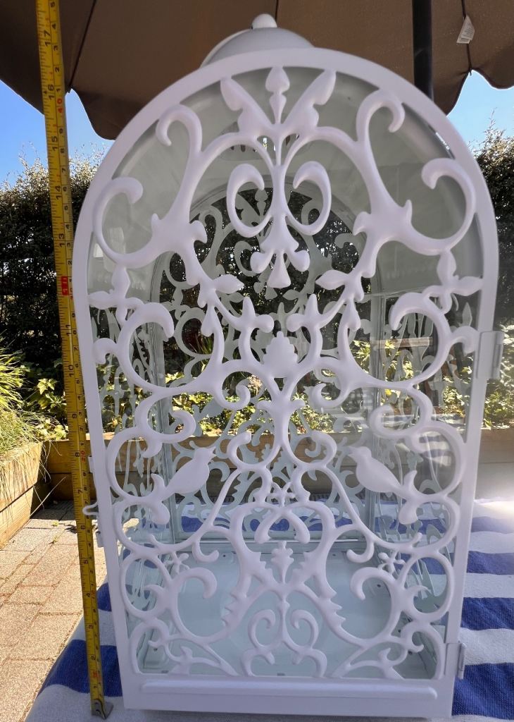 Large white metal filigree lantern candle holder