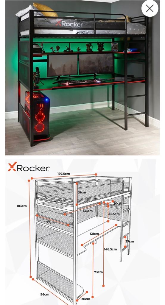 X Rocker Battlebunk Gaming High Sleeper Bunk Bed with Shelf & Desk