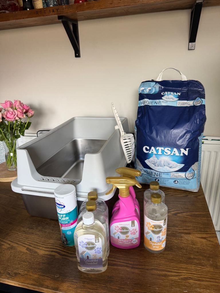Cat stainless steel litter tray, litter & cleaning products bundle 