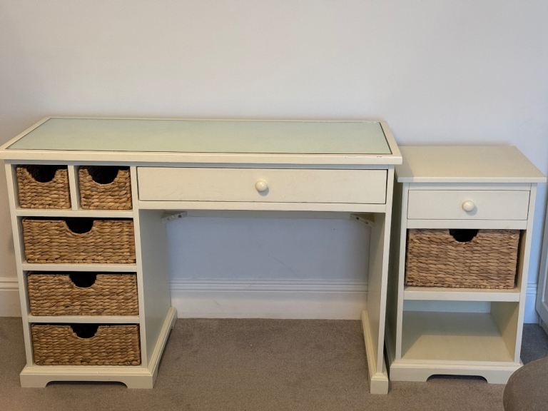 Cotswold Company Cream Solid Wood Desk/dressing Table with Wicker Baskets and Side Table