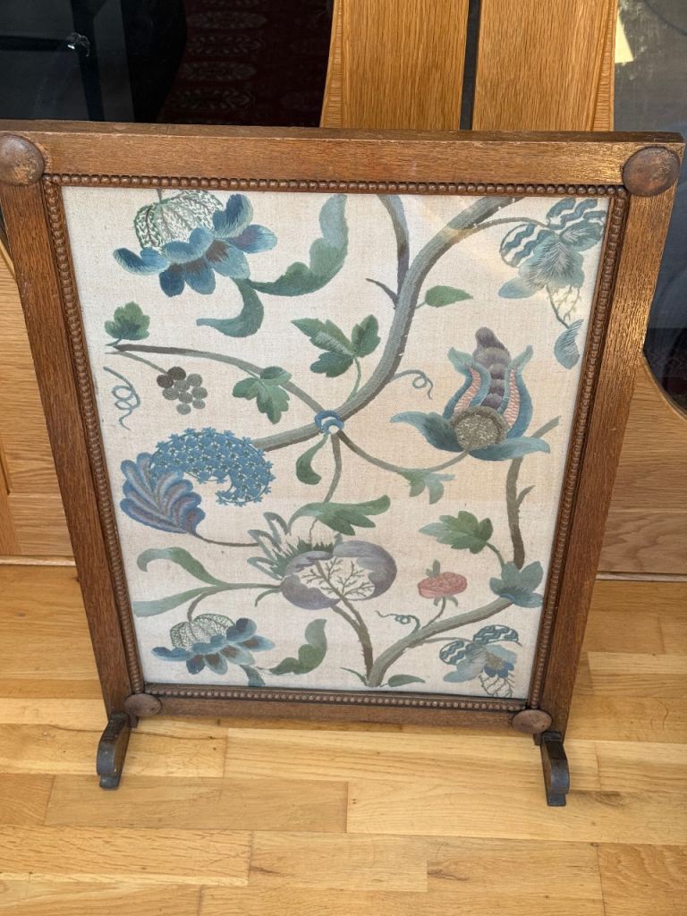 Vintage Wooden Fire Screen with Embroidered Panel