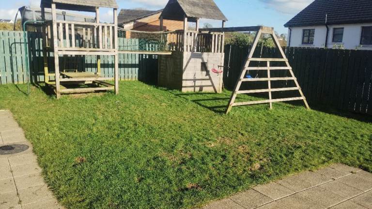 Two tower climbing frame, bridge, fireman's pole and swing set 