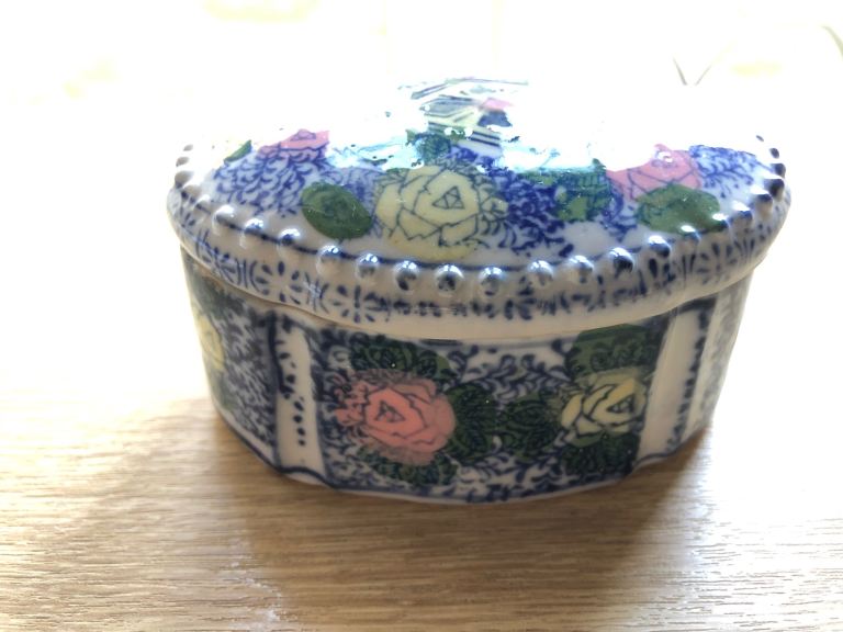 Blue Pink and Yellow Oval Trinket Dish with Lid From Clean Smoke and Pet Free Home 