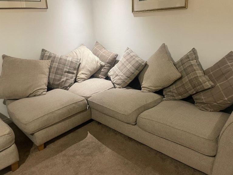 Large Beige Fabric Corner Sofa with Footstool – Good Condition