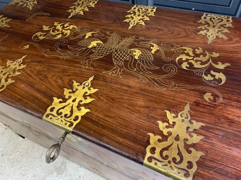 Anglo Indian Antique Style Solido I’m Rosewood & Brass Dowry Chest Blanket Box Storage Trunk