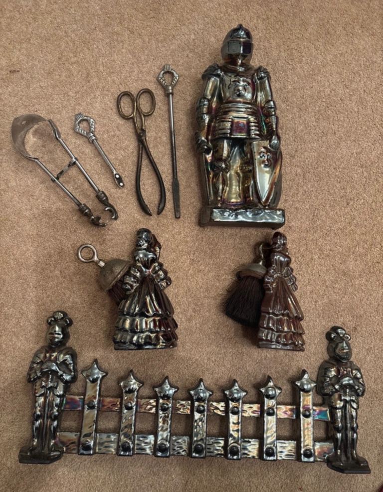 Rare 1930s Art Deco Cast Iron Fireplace Companion Set