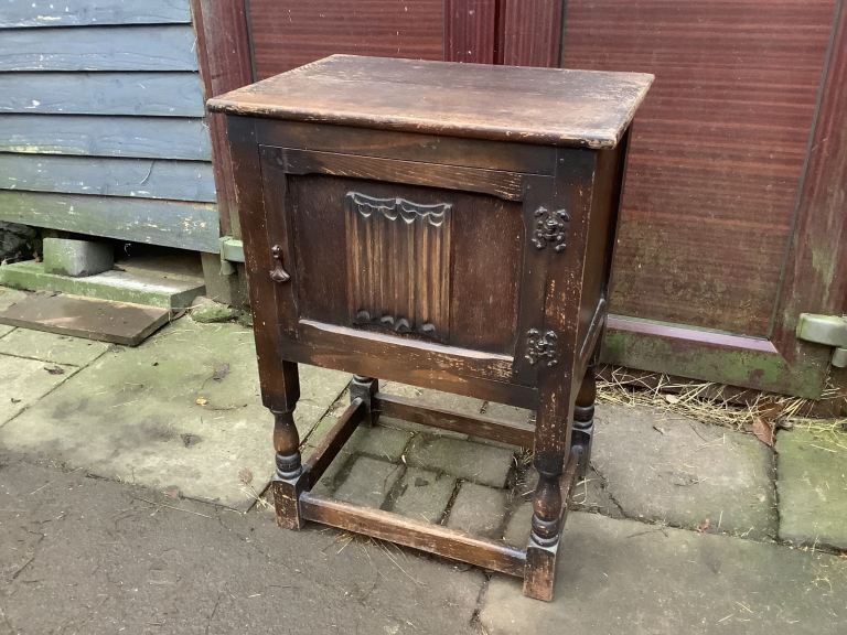 Oak old charm linen fold one door bed side unit 