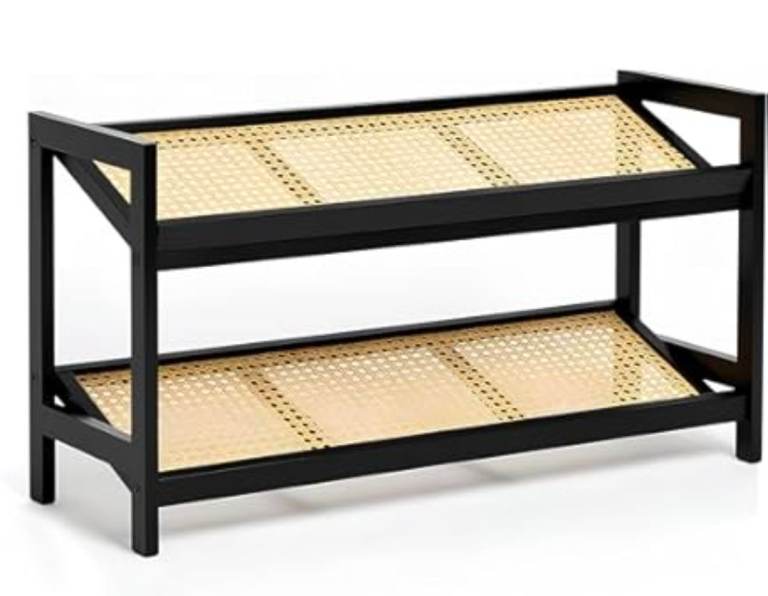 A new still boxed flat packed 2 Tier Bamboo style and Rattan effect  Shoe Rack.