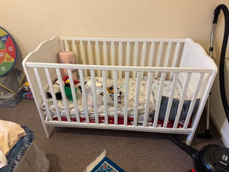 White Wooden Baby Cot Bed – Good Condition