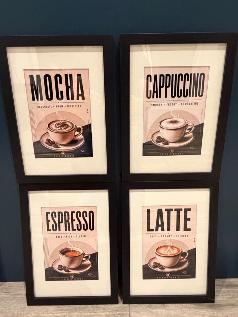 Set of 4 Framed Coffee Prints – Mocha, Cappuccino, Espresso & Latte – Kitchen/Café Wall Art ☕