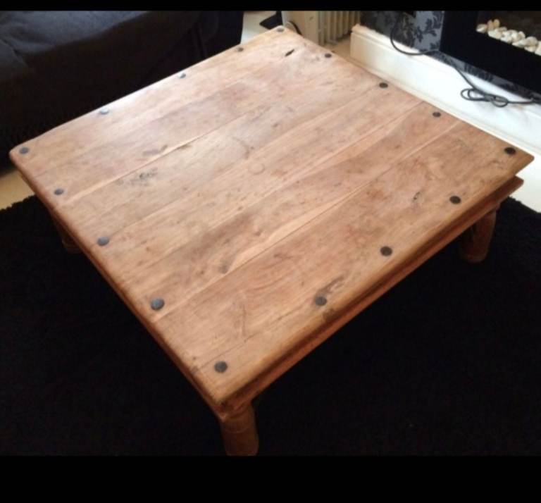 Large Rustic Solid Sheesham Wood Square Coffee Table – Good Condition