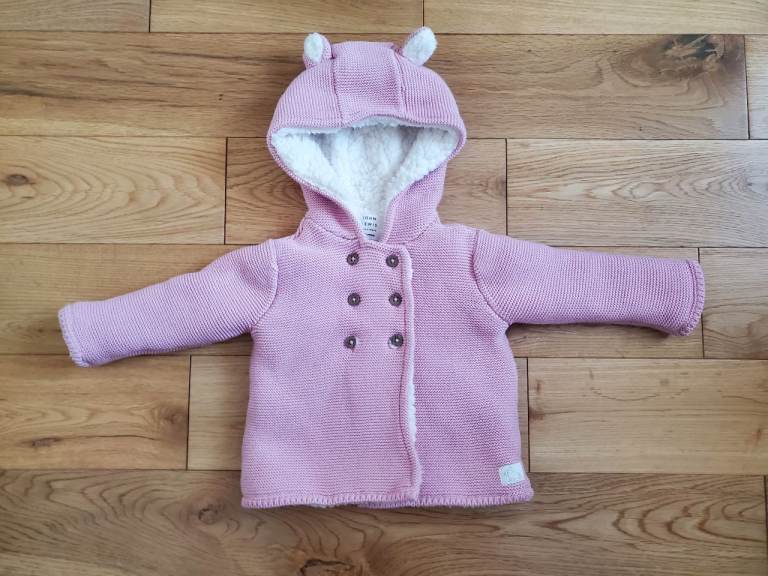 Pink John Lewis Borg Lined Knitted Jacket 6/9 Months