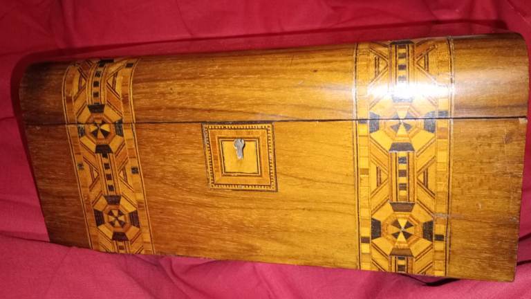 Vintage Inlaid Wooden Box with Lock – Fair Condition