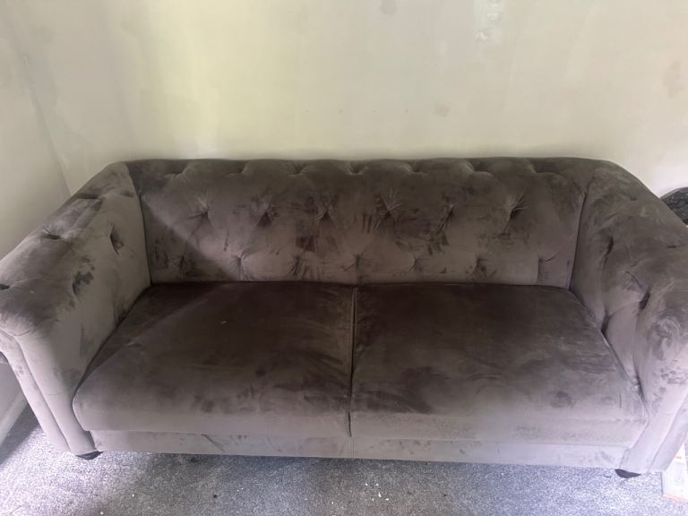 Grey Velvet 3-Seater Sofa - Good Condition
