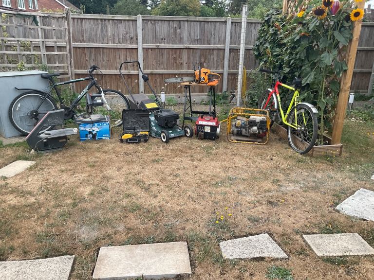 Various Garden Tools and Equipment – Lawnmower, Chainsaw, Generator, Bikes