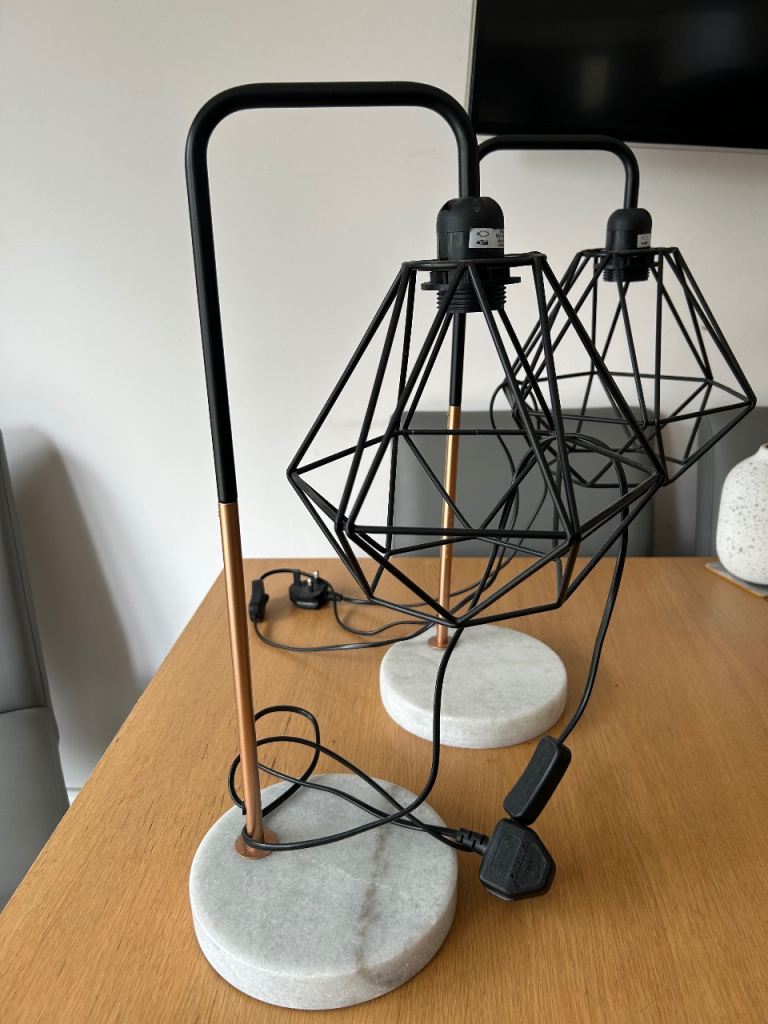 Pair of Modern Black & Copper Table Lamps with Marble Bases