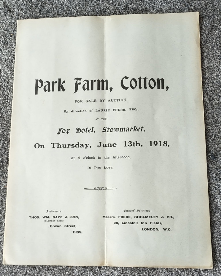 ww1 the fox hotel stowmarket park farm cotton Suffolk auction tw gaze finningham wickham skeith