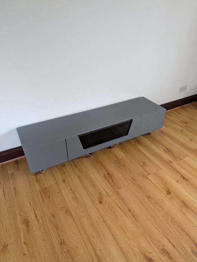 Grey TV Unit with Storage and Glass Shelf – Good Condition